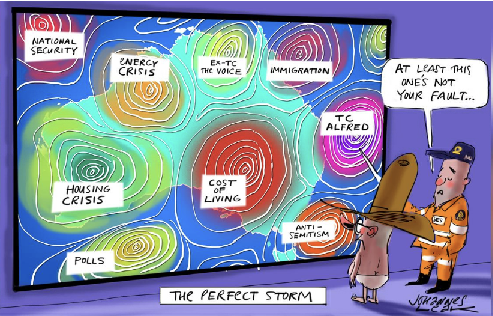 An SES officer shows a shirtless PM Anthony Albanese weather patterns on a screen with labels like 'cost of living' and 'housing crisis.' He points to 'TC Alfred' and says, 'At least this one's not your fault.' 