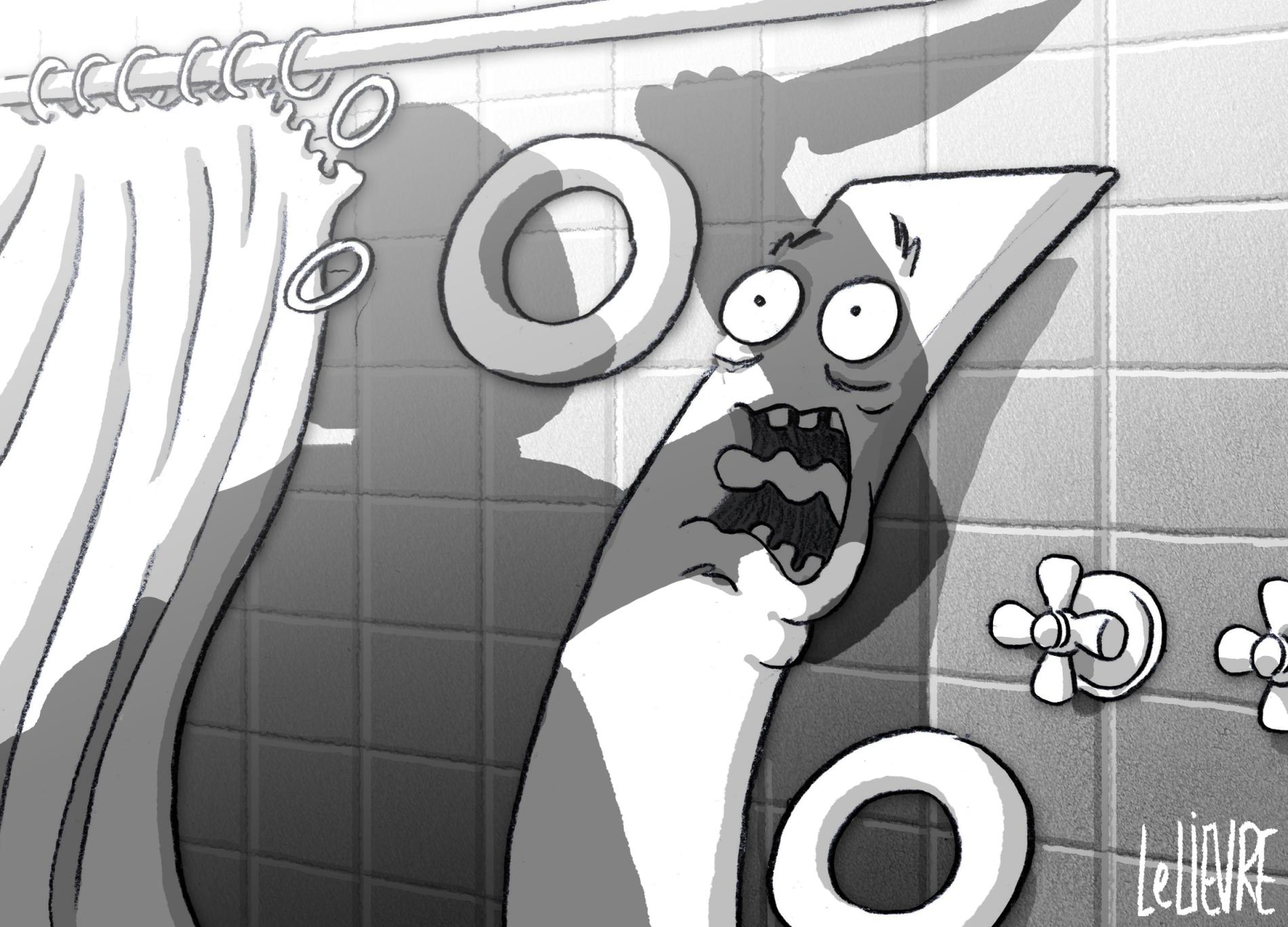 In the style of the shower scene in the movie Psycho, a percentage symbol screams in the shower and is covered by a shadow of a person raising a knife. 