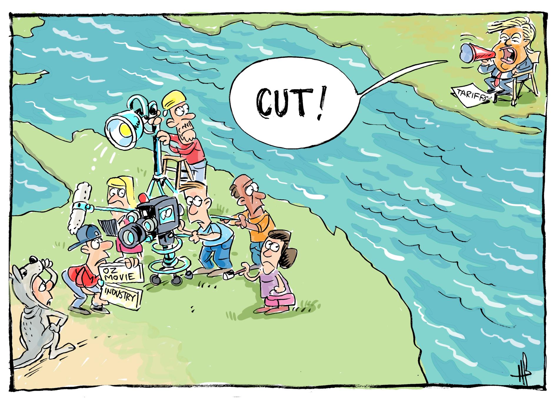 In Australia, a film crew including a man in a kangaroo costume stop suddenly when US President Donald Trump yells, 'Cut!' 