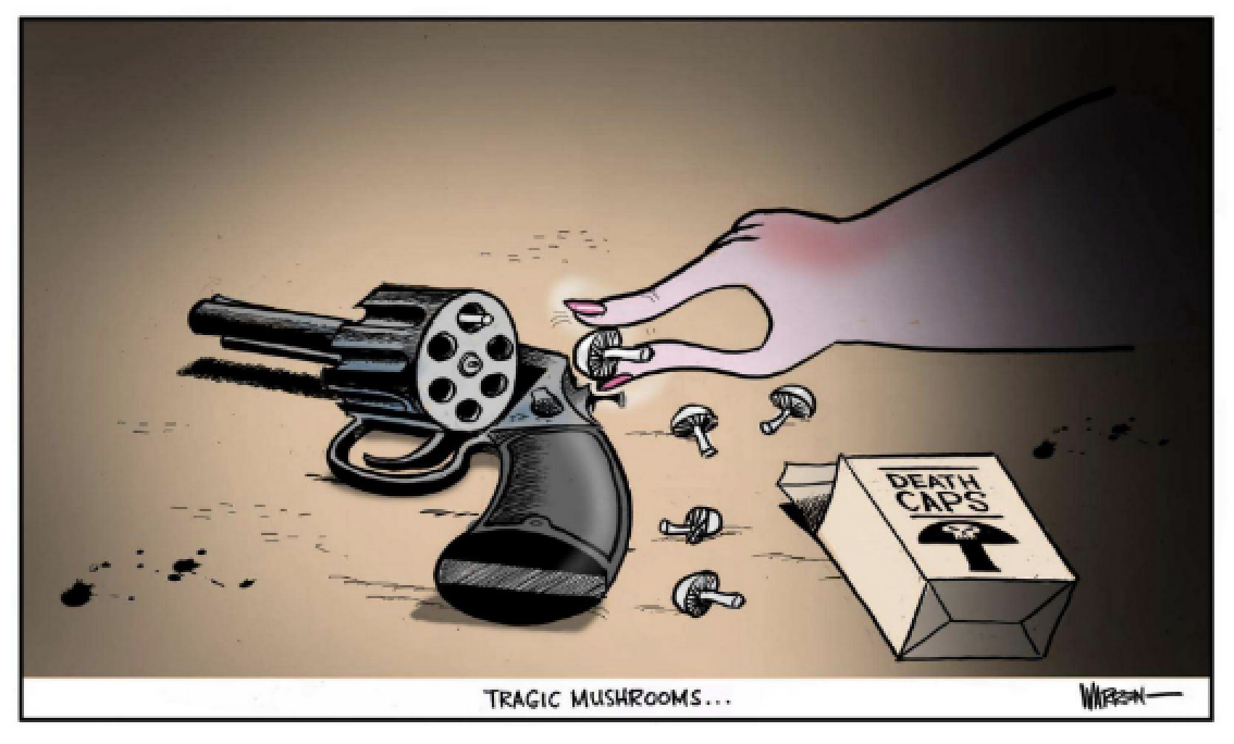 A woman loads a gun with tiny mushrooms from a box labelled 'death caps.' 