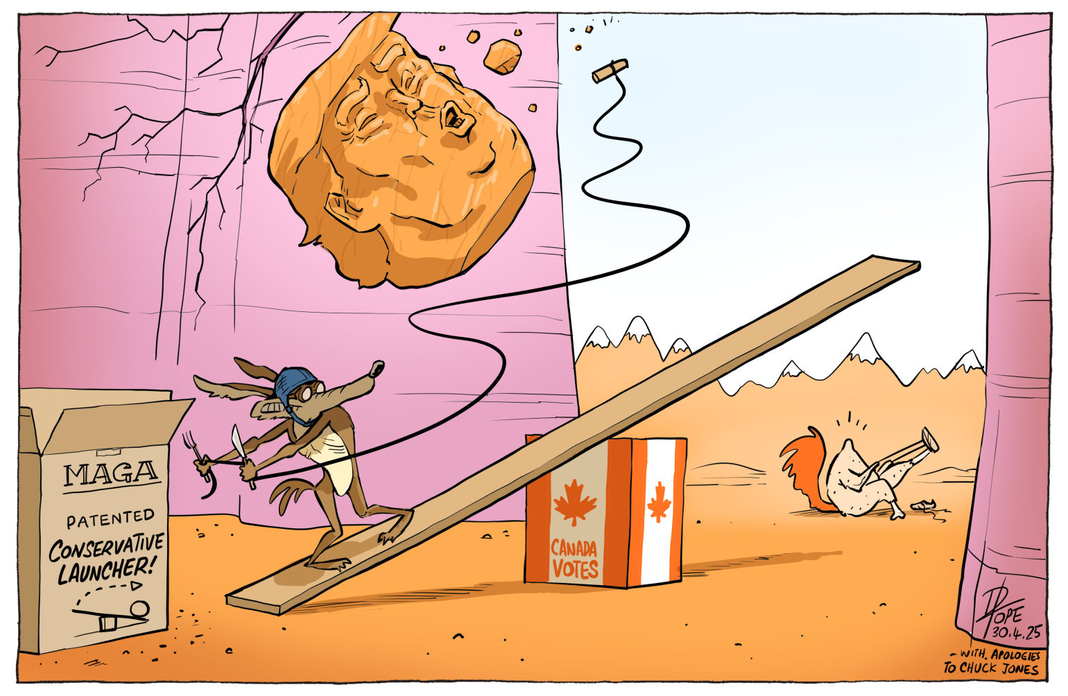 Looney Tunes character Wile E Coyote steps on one side of a board balanced on a box that reads, 'Canada votes.' It propels a bust of US President Donald Trump into the air. 