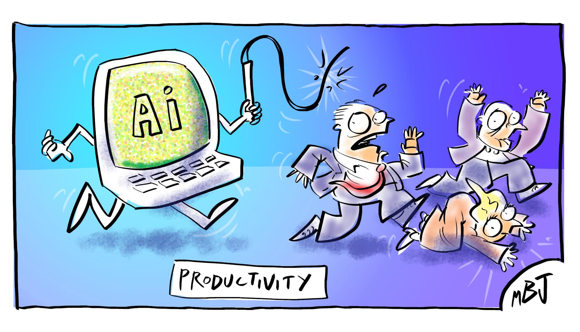 A computer labelled 'AI' runs after people with a whip. Text reads, 'Productivity.' 