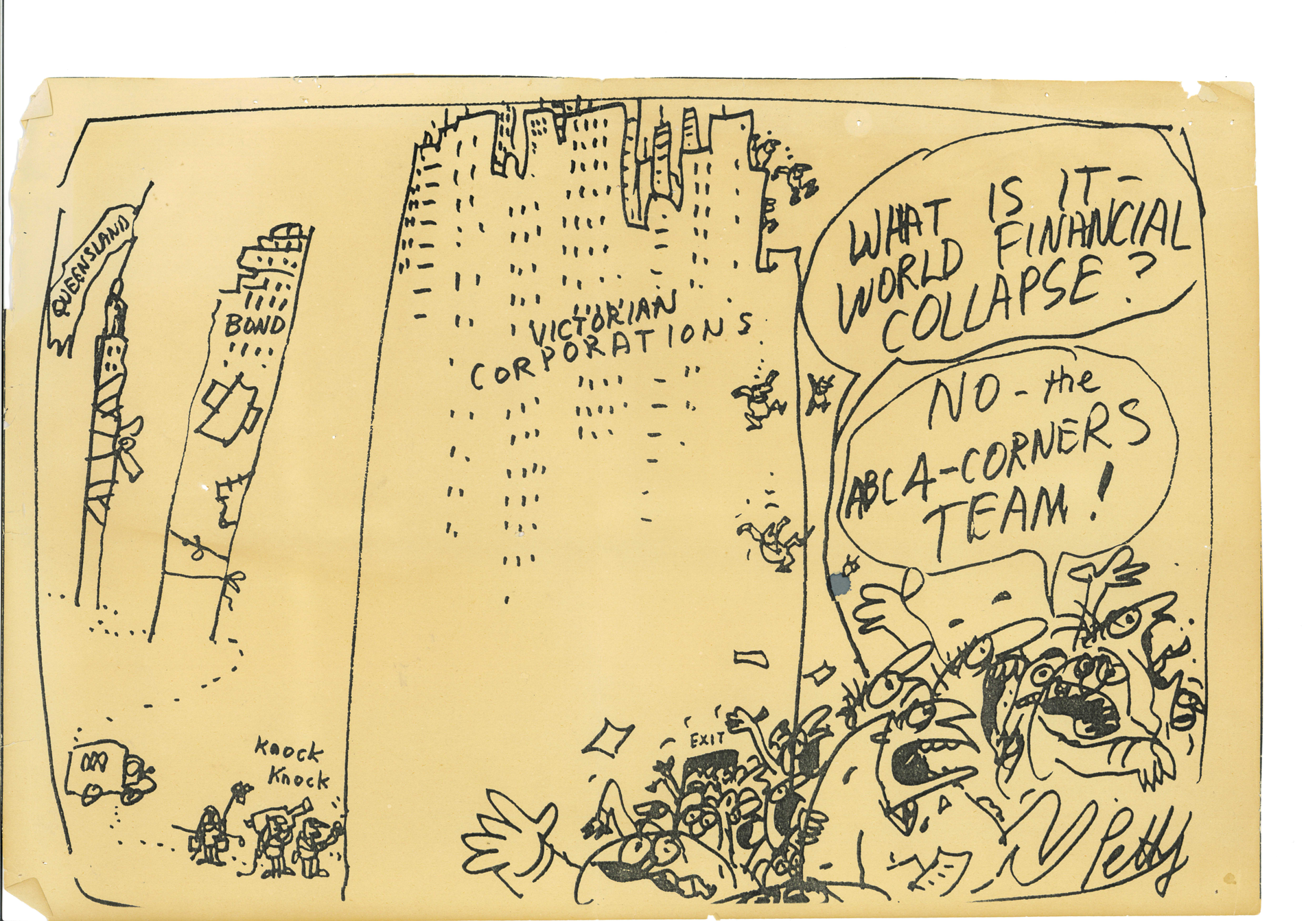 Dilapidated skyscrapers read, 'Queensland' and 'Bond'. People knock at a large 'Victorian corporations' building, others jump from the top of it. Someone says, 'What is it – world financial collapse?' Another says, 'No – the ABC A-Corners team!' 