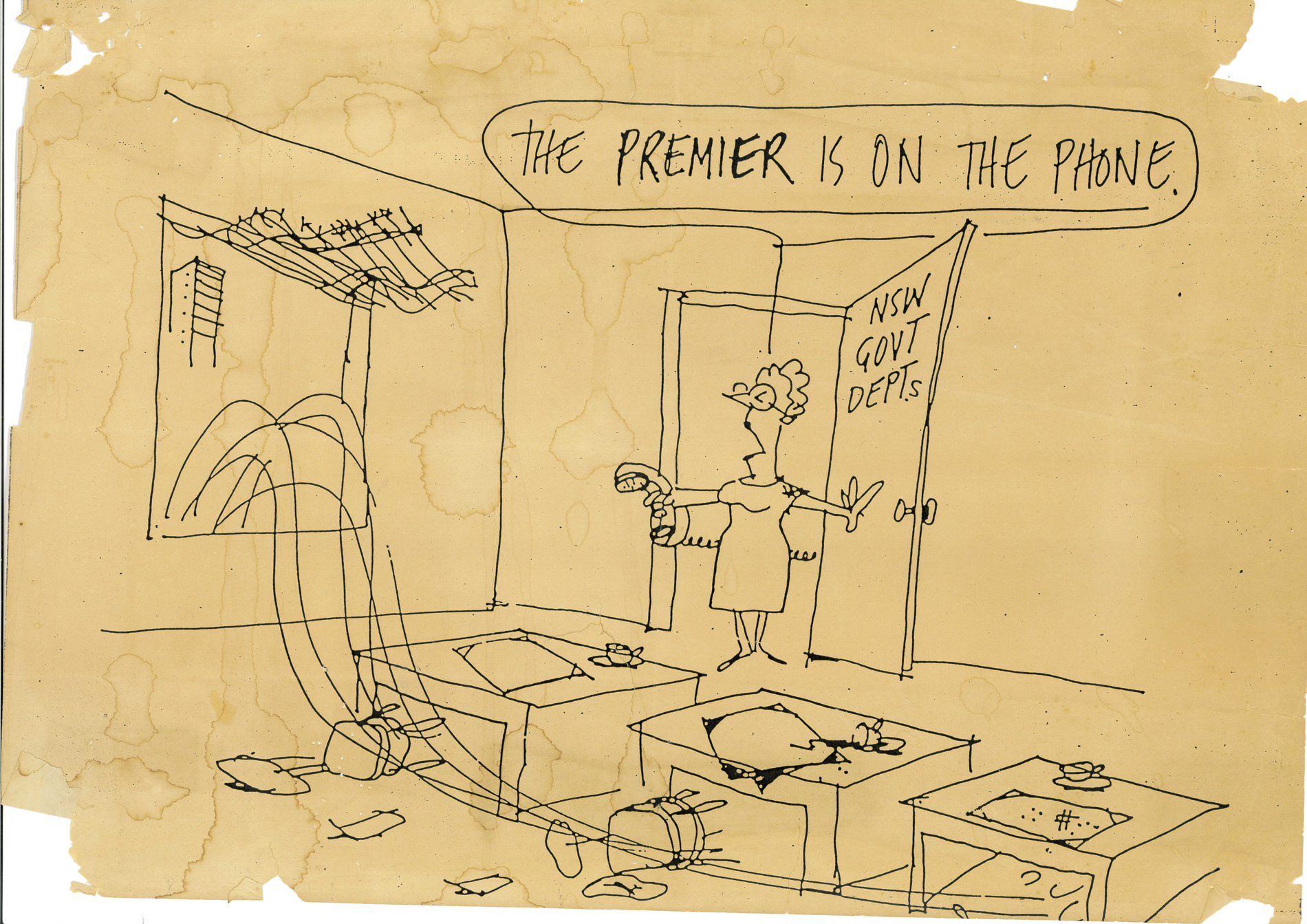 A woman opens a door that reads, 'NSW Government Departments,' and says, 'The Premier is on the phone.' A line indicates everyone has left the room via the window. 