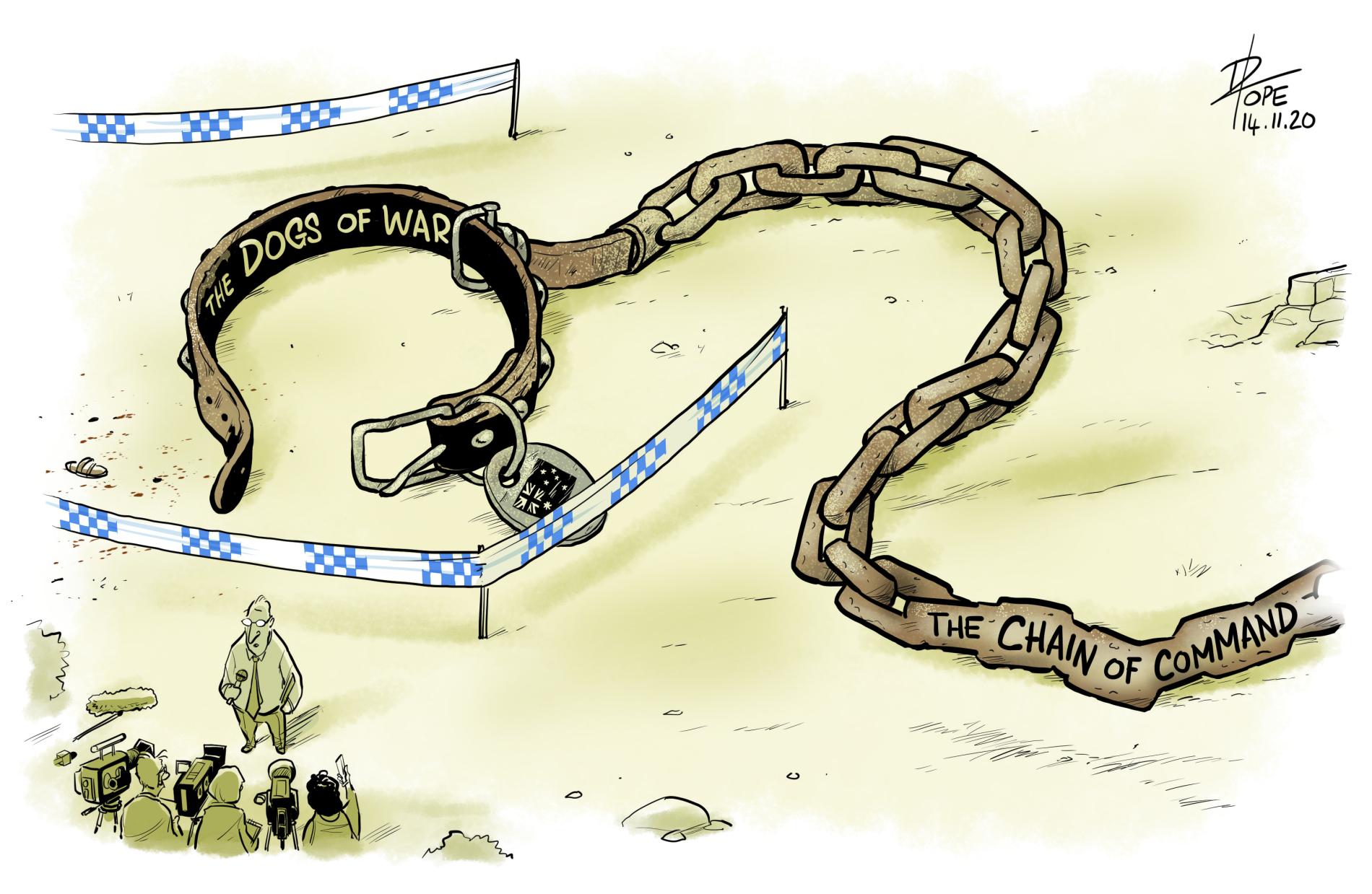 A chain labelled 'the chain of command' with a collar labelled 'the dogs of war' lies on the ground. It is fenced off by police tape. A police officer speaks to press in front. 