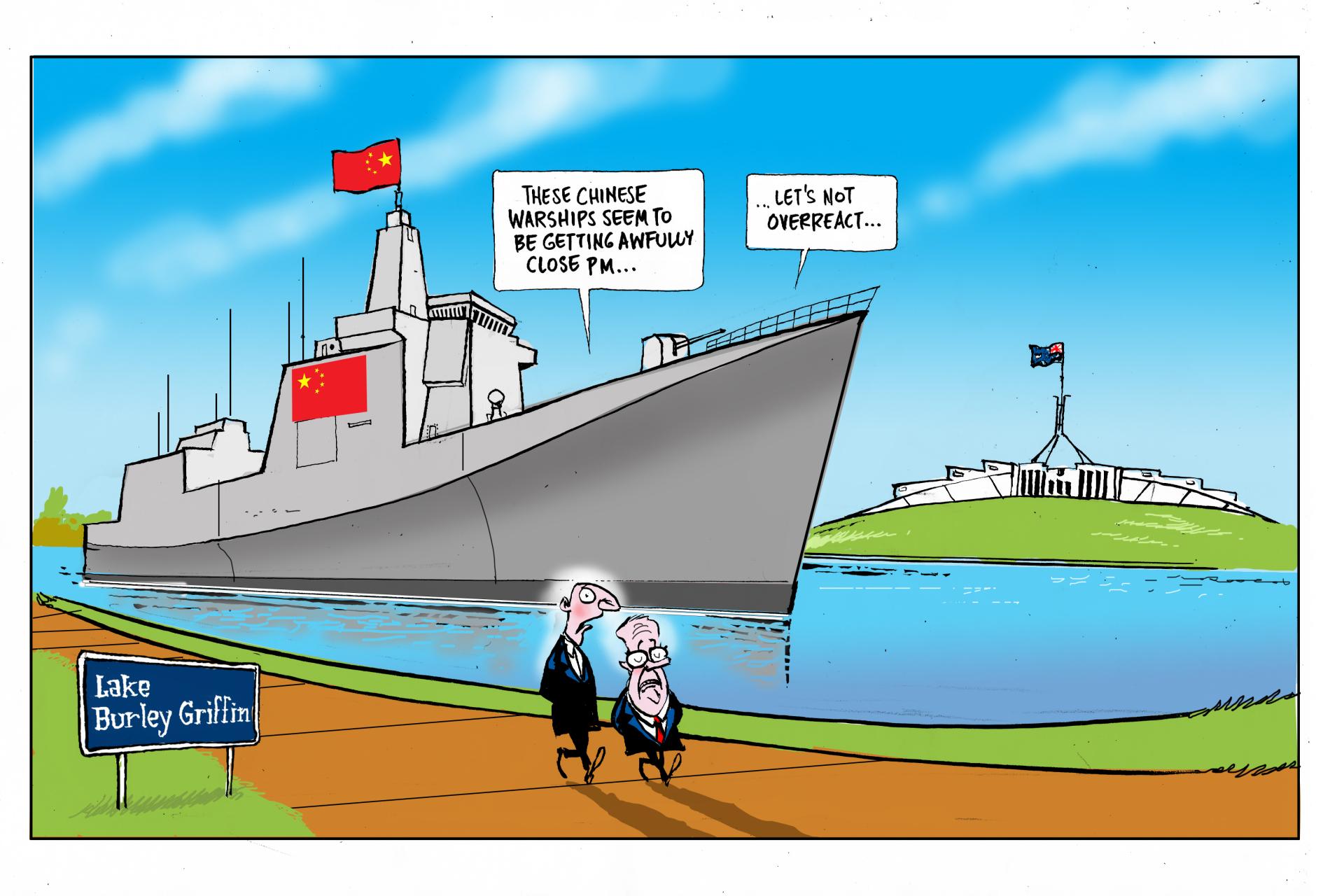 A politician says to PM Anthony Albanese, 'These Chinese warships seem to be getting awfully close PM…' Albanese says, 'Let's not overreact.' Behind them, a warship sits in Lake Burley Griffin. 