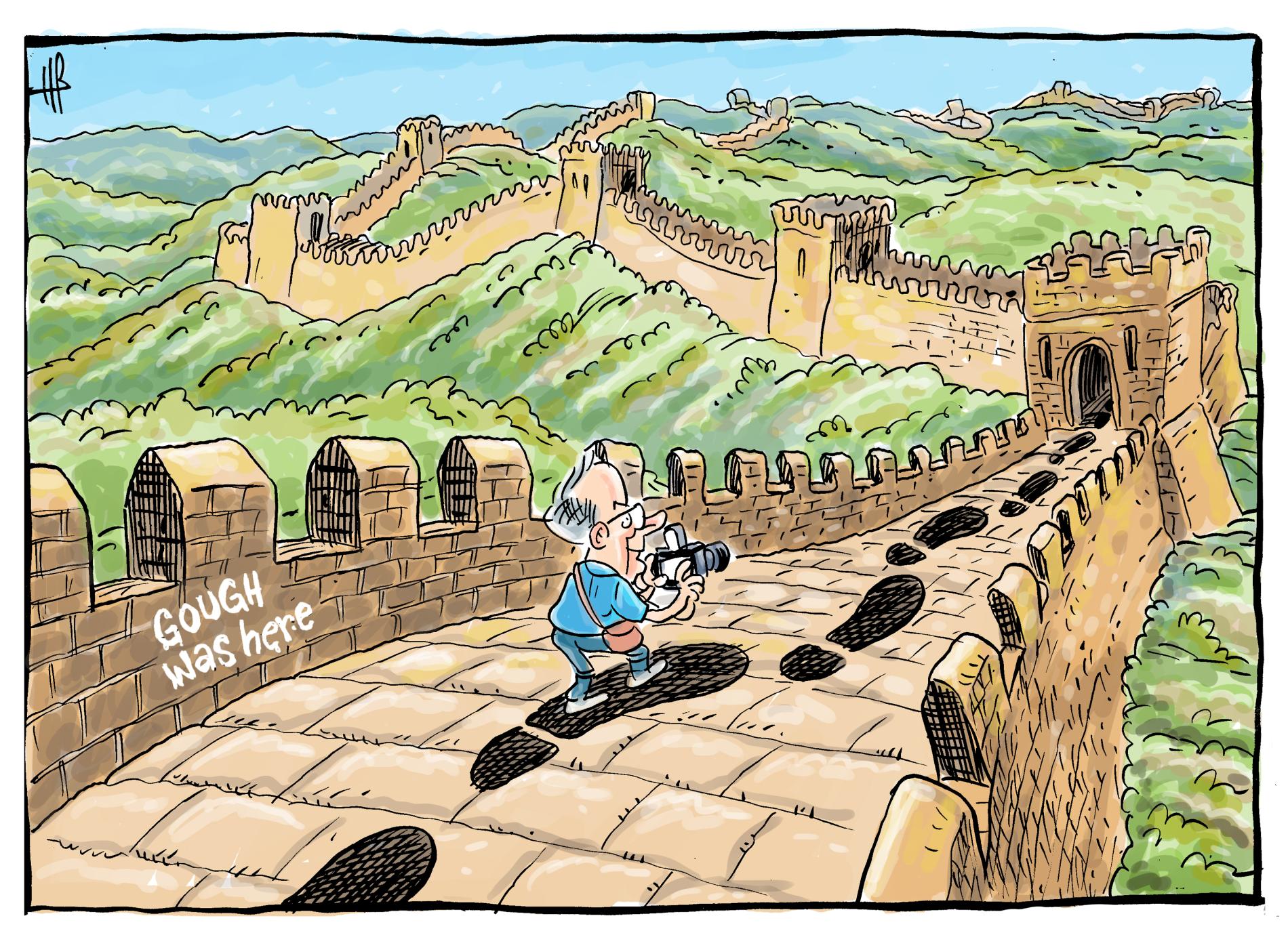 PM Anthony Albanese following some giant footsteps along the Great Wall of China next to graffiti that says, ‘Gough was here.’ 
