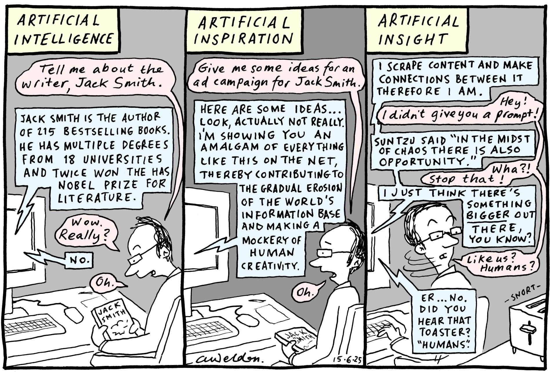 Three panels show a man talking to the AI function on his computer. The computer evolves from artificial intelligence to 'artificial insight'. In the final panel the computer makes a joke with a toaster.