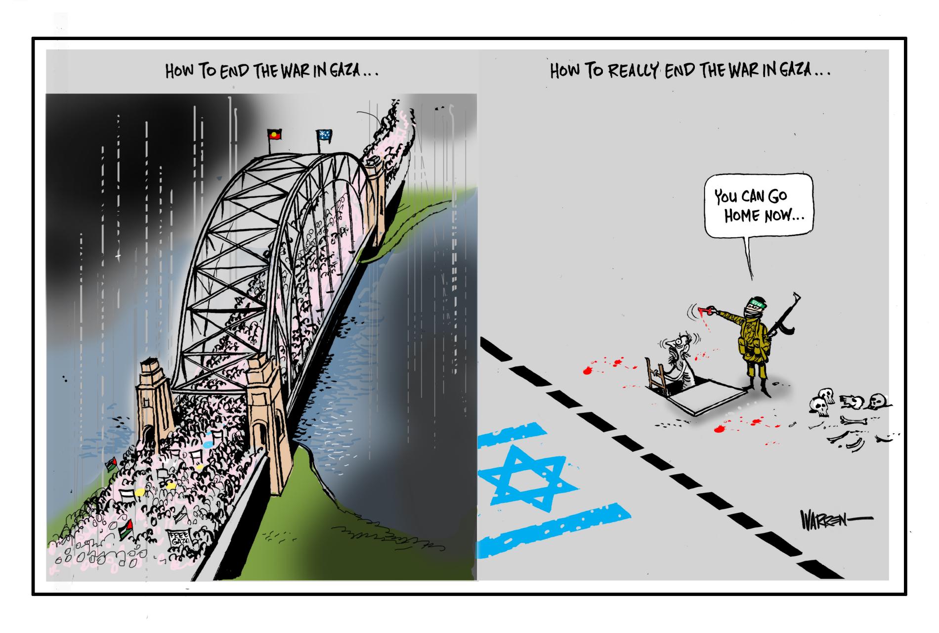 The first panel shows a protest on the Sydney Harbour Bridge titled, 'How to end the war in Gaza.' Second panel titled 'How to really end the war in Gaza', shows a Hamas soldier with bloody hands releasing an Israeli hostage saying, 'You can go home now.' 