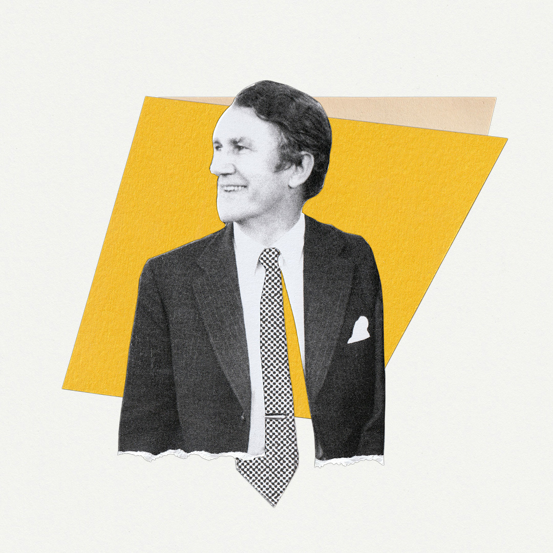 A collage of Malcolm Fraser with geometric shapes behind him.