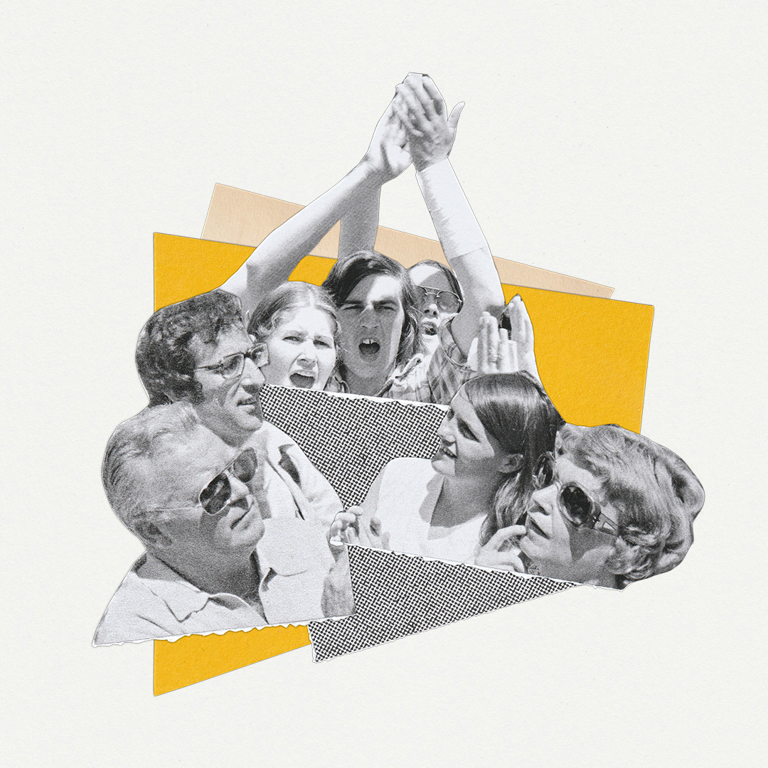 A collage of people shouting and clapping against a background of geometric shapes.