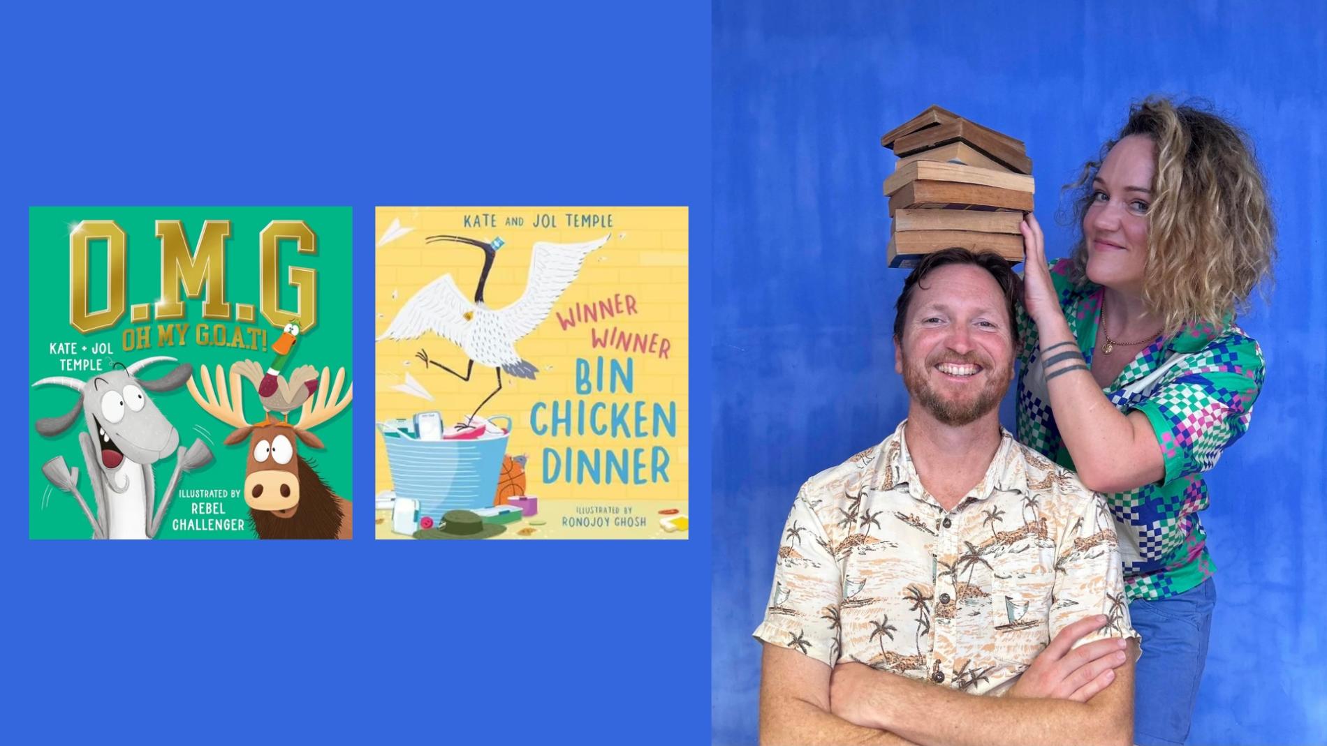 The covers of two picture books alongside the authors, Jol and Kate Temple.