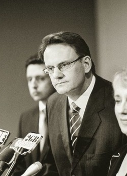 A black and white portrait image showing former politician Mark Latham.
