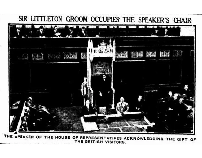 Newspaper clipping showing the Speaker, Sir Littleton Groom, in the Speaker's Chair, addressing the audience in the room.