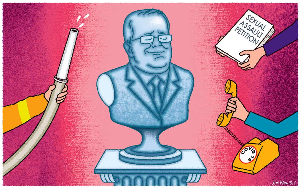 Cartoon of bust of former prime minister Scott Morrison with three arms surrounding him, offering him a fire hose, sexual assault petition and a phone that has COVID-19 written on it. Cartoon of bust of former prime minister Scott Morrison with three arms surrounding him, offering him a fire hose, sexual assault petition and a phone that has COVID-19 written on it.