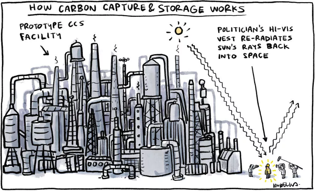 Cartoon by Jon Kudelka; 'how carbon capture and storage works', showing Kudelka's impression of a prototype of a CCS facility, and a politician standing next to the facility with a hi-vis vest that re-radiates the sun's rays back into space. Kudelka's facility is quite detailed (and complex) in design. Cartoon by Jon Kudelka; 'how carbon capture and storage works', showing Kudelka's impression of a prototype of a CCS facility, and a politician standing next to the facility with a hi-vis vest that re-radiates the sun's rays back into space. Kudelka's facility is quite detailed (and complex) in design.