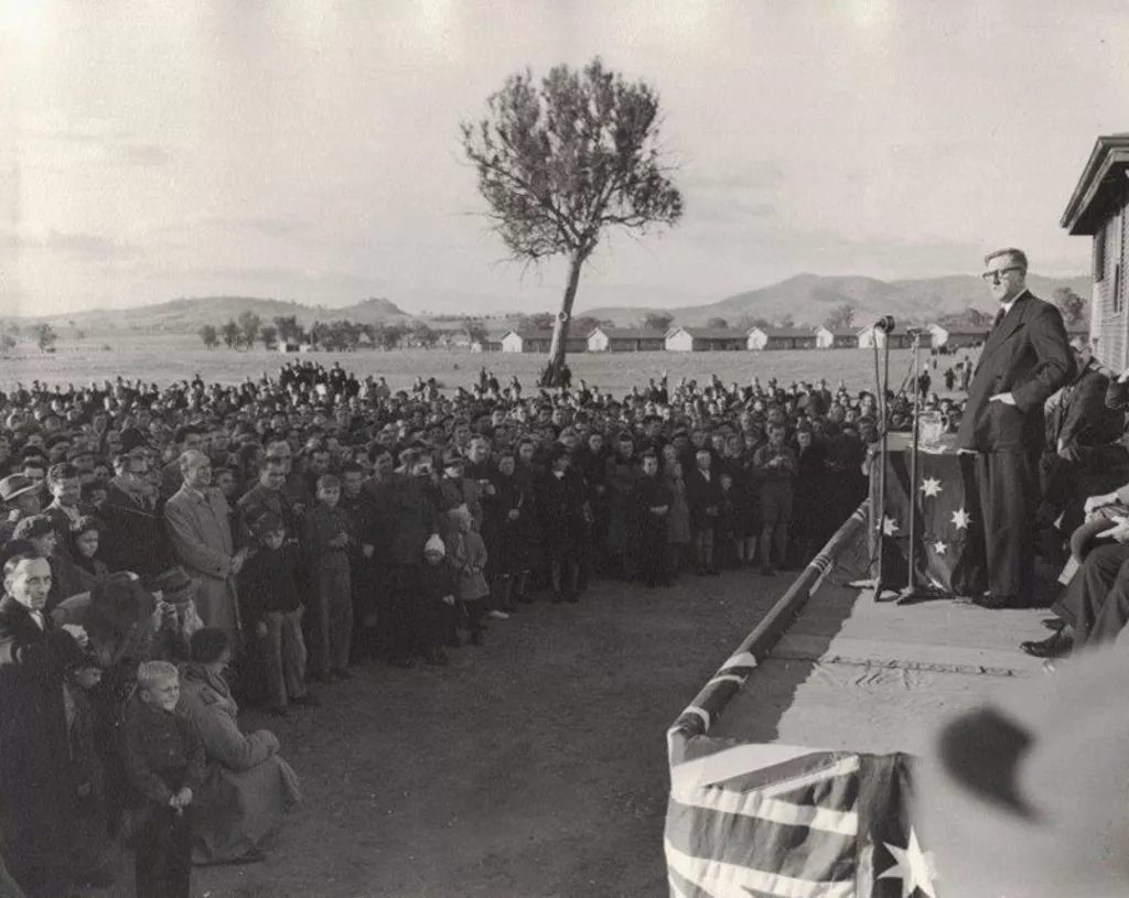 Arthur Calwell addressing new migrants at Bonegilla camp Arthur Calwell addressing new migrants at Bonegilla camp