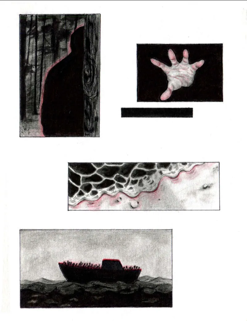 A series of sketches in black, white and pink: a silhouette in the woods; a hand reaching out; a shoreline from above; and a boat on the horizon.