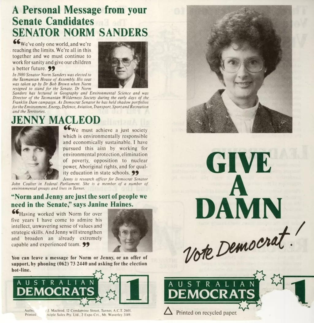 Campaign leaflet for the Australian Democrats, 1990, entitled 'Give a damn. Vote Democrat!' Campaign leaflet for the Australian Democrats, 1990, entitled 'Give a damn. Vote Democrat!'