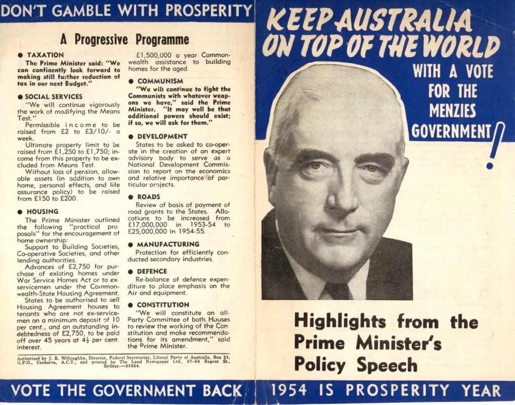 Campaign leaflet for Liberal Party, entitled 'Keep Australia on top of the world with a vote for the Menzies government!' and 'Highlights from the Prime Minister's policy speech.' Campaign leaflet for Liberal Party, entitled 'Keep Australia on top of the world with a vote for the Menzies government!' and 'Highlights from the Prime Minister's policy speech.'