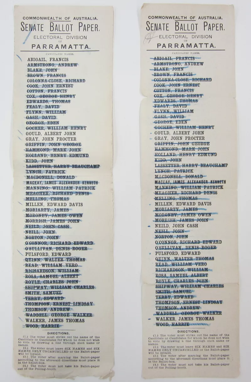 Two Senate ballot papers from 1901, where names of candidates have been crossed out with a blue line.