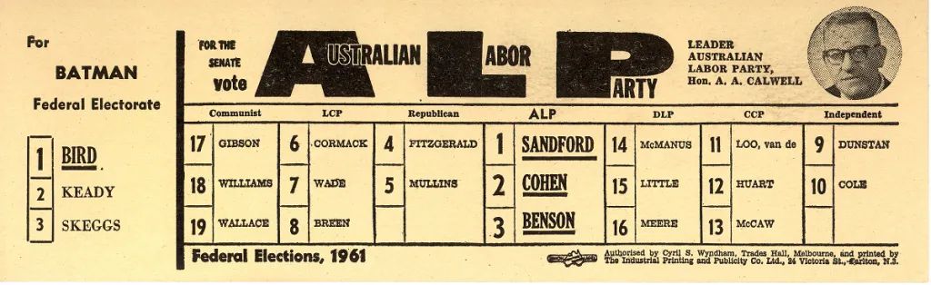 ALP How to vote card for the Batman Federal Electorate and for the Senate, with a headshot portrait of A. A. Calwell.