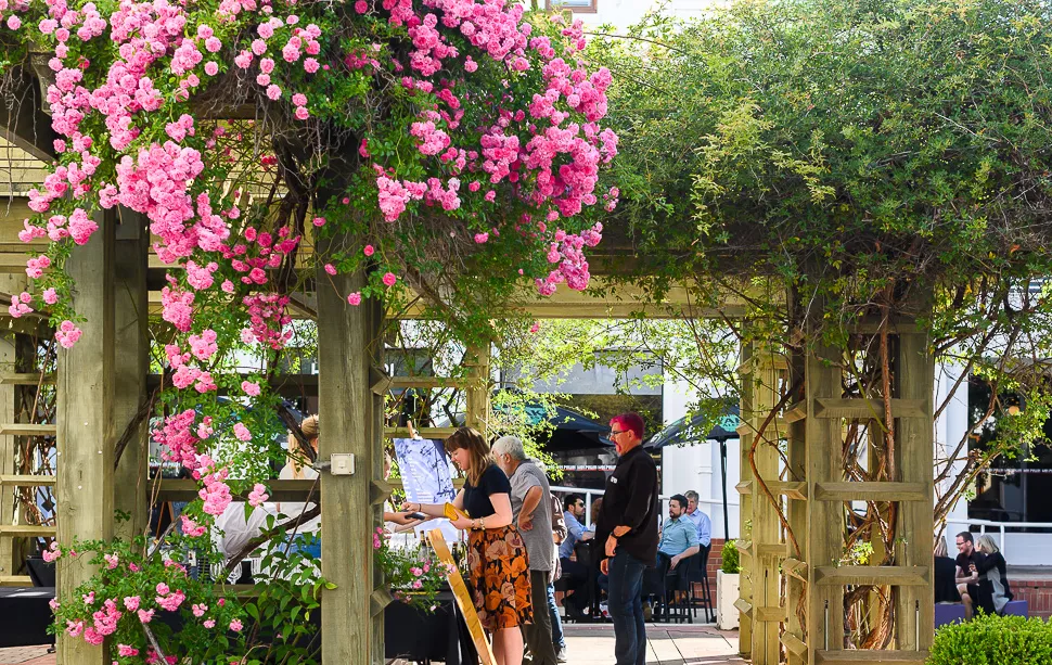 An outdoor bar with pink flowers around a gazebo.