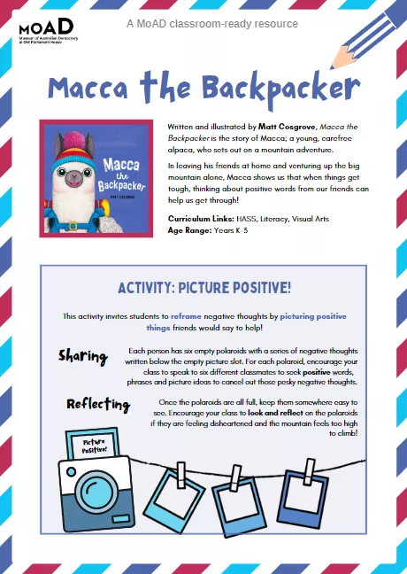 The first page of Macca the Backpacker teacher resource. 