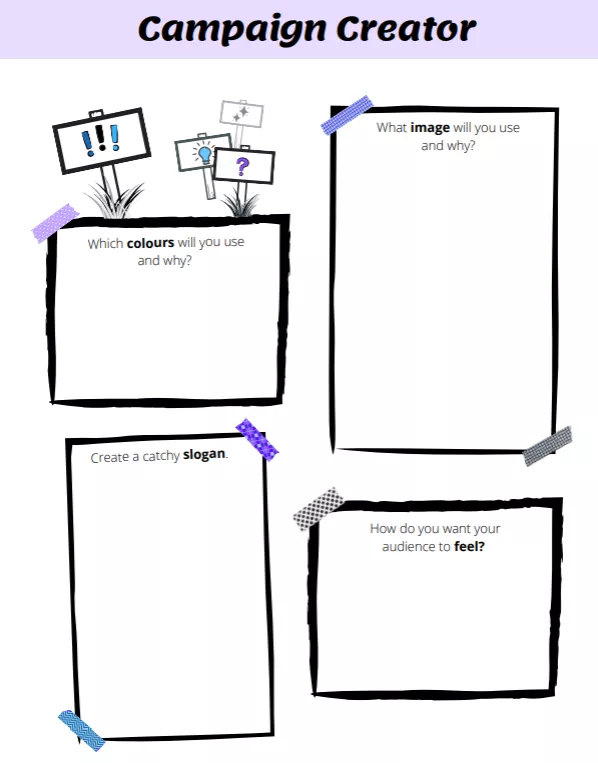 A purple learning resource with boxes to write notes in. 