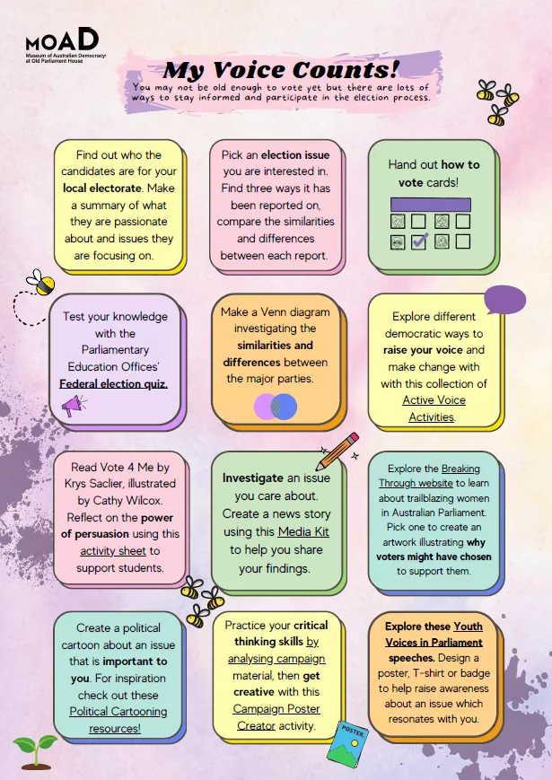 A pink learning resource with small squares with different activities.