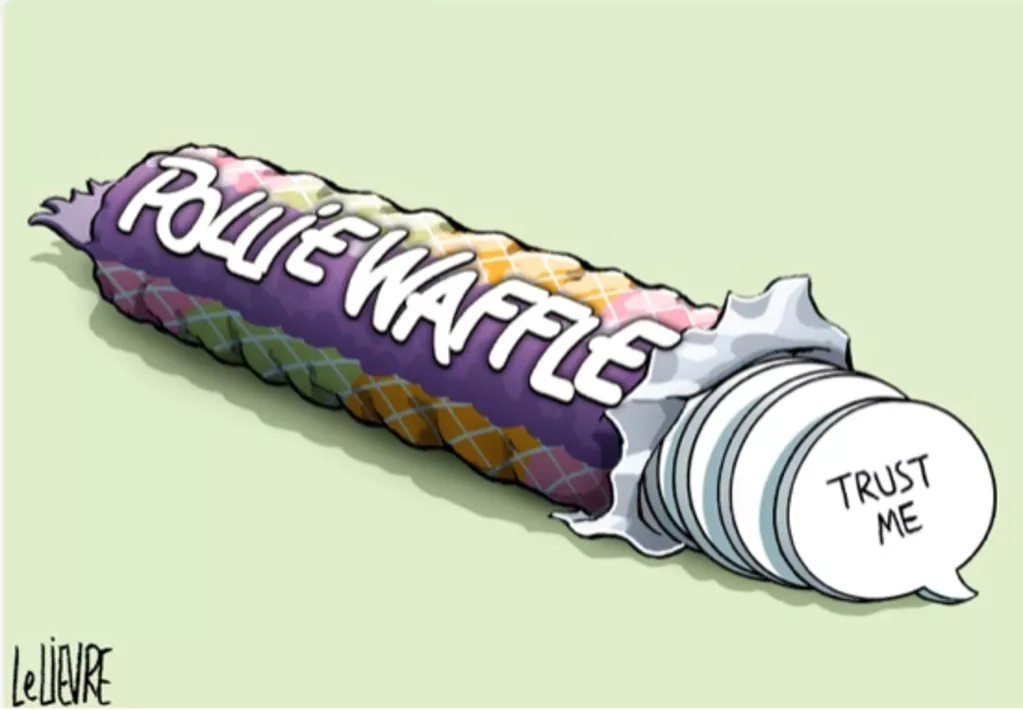 A foil wrapper of lollies, with the words trust me written on the lolly, and the wrapper called pollie waffle A foil wrapper of lollies, with the words trust me written on the lolly, and the wrapper called pollie waffle