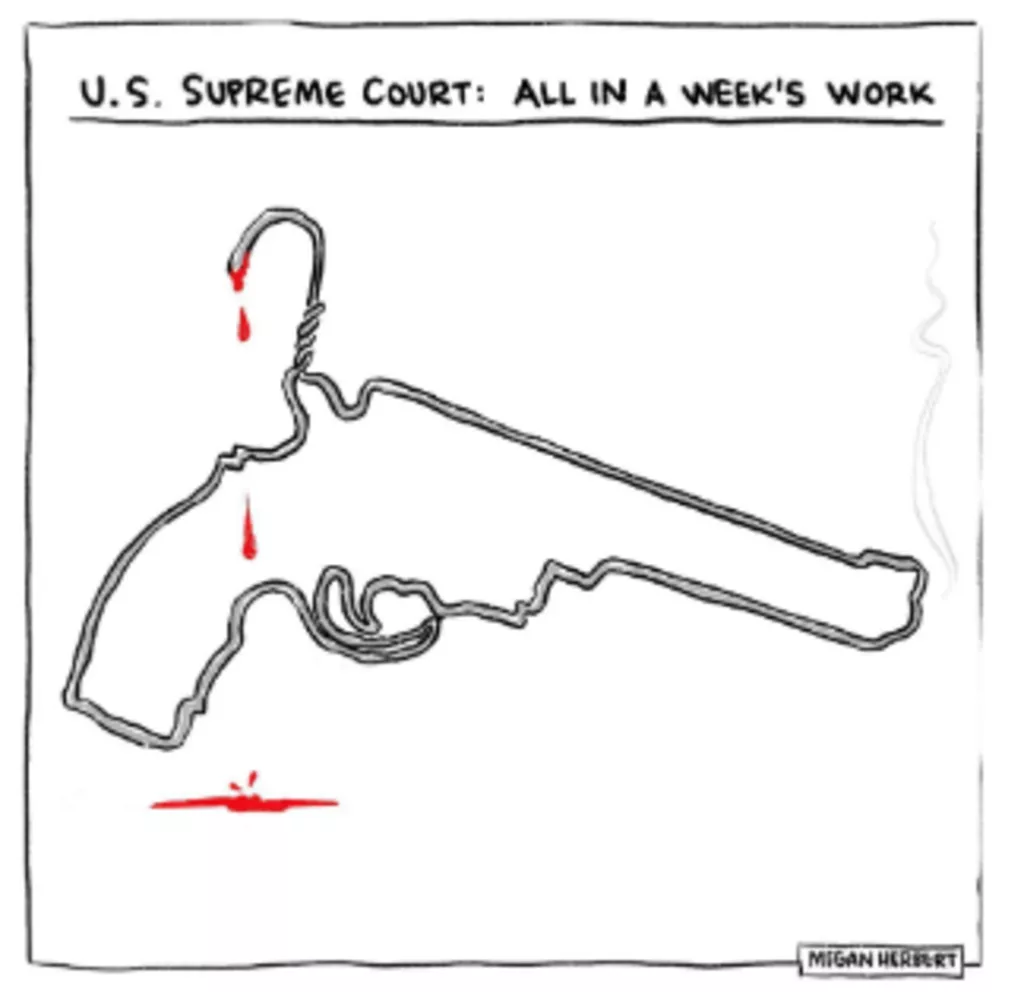 The pointed tip of a coat hanger, dripping with blood, forms the outline of a gun. The pointed tip of a coat hanger, dripping with blood, forms the outline of a gun.
