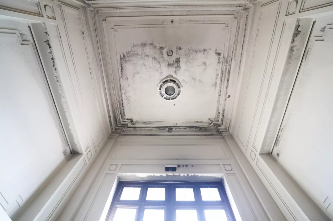 Photograph of a fire damaged ceiling in Old Parliament House Photograph of a fire damaged ceiling in Old Parliament House