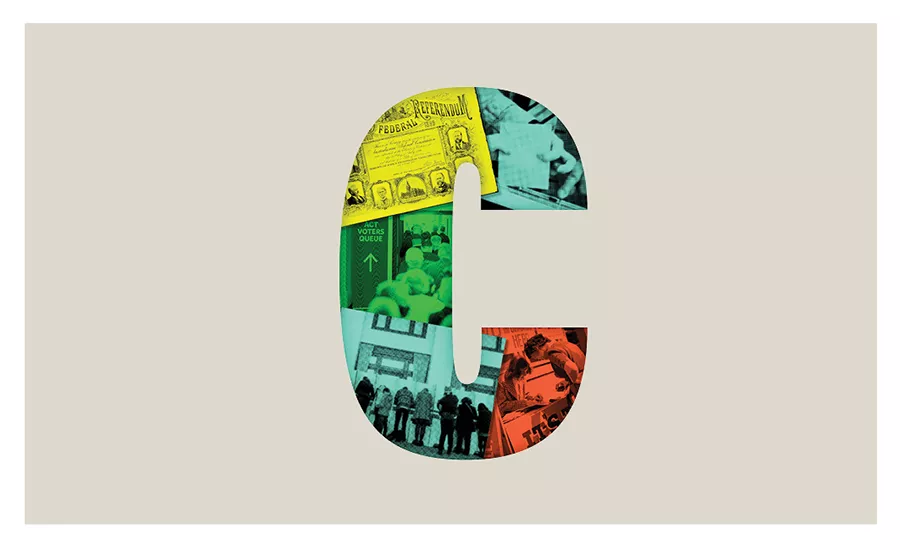 An illustration of the letter C made up of a collage of images of people voting.