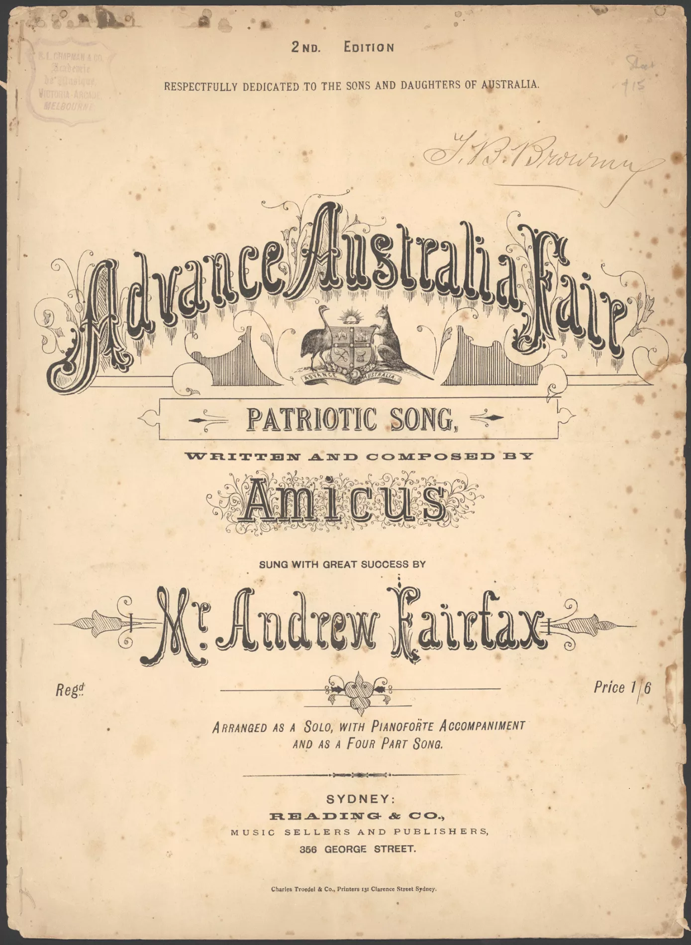 A yellowed cover of sheet music to Advance Australia Fair written in detailed cursive script. 