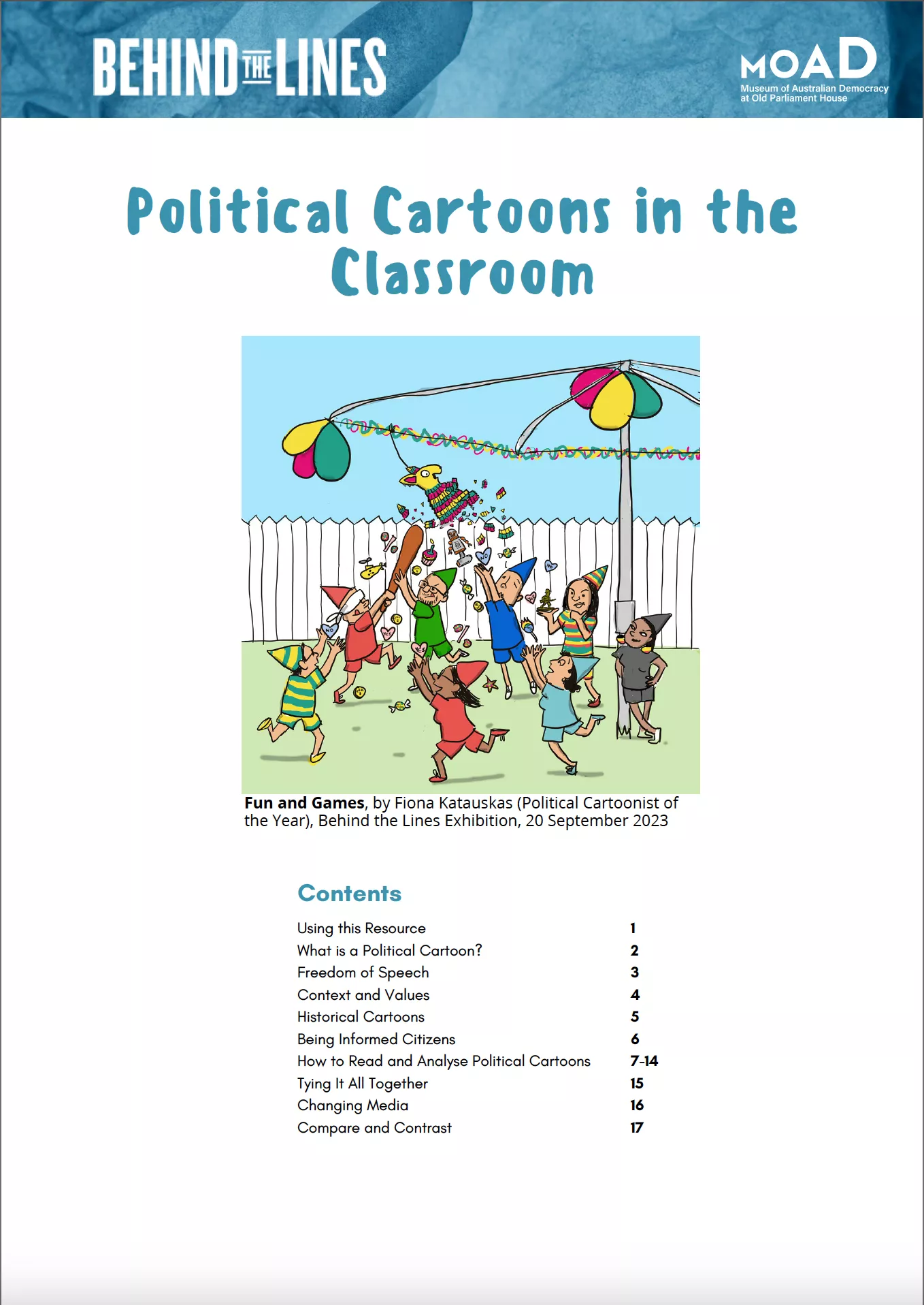 First page of Political Cartoons in the Classroom teacher's notes, illustrated with a political cartoon and table of contents.