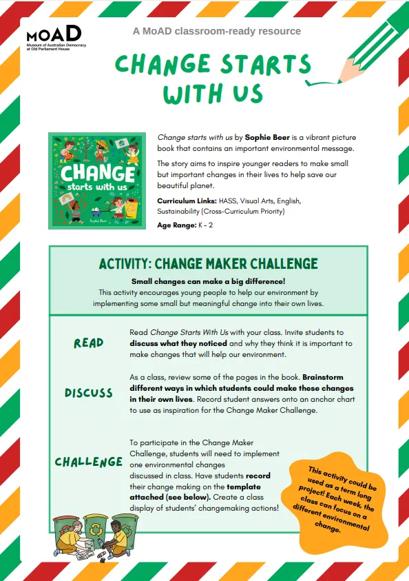 First page of an activity sheet with a list of activities for students to become change makers.