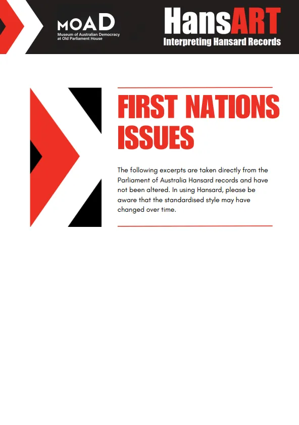 Preview of a learning resource with words in red letters that reads 'First Nations issues'.