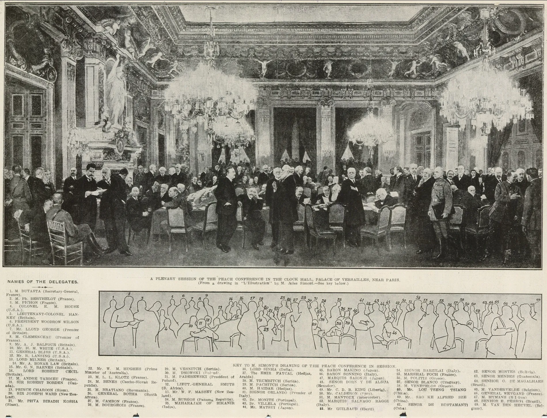 A newspaper clipping photograph of men in suits, delegates at the Paris Peach Conference, standing in a large decorated hall with chandeliers, statues and relief art.