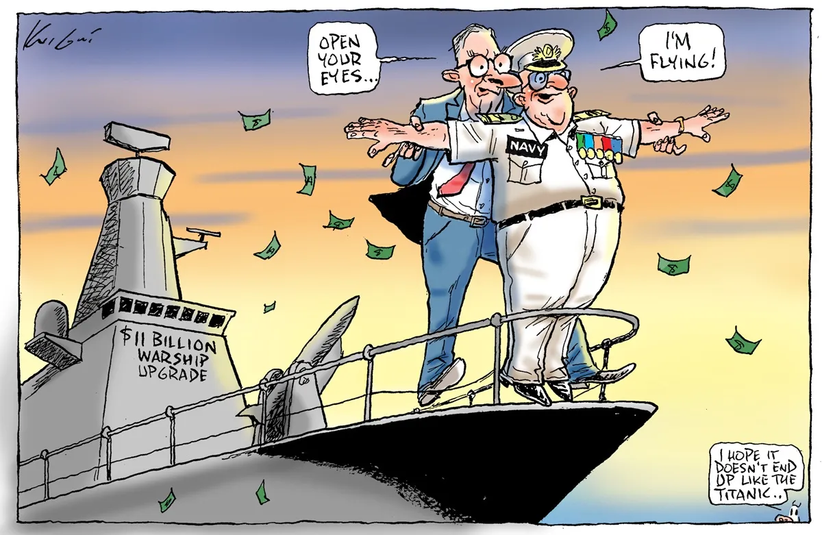 Prime Minister Anthony Albanese and a naval officer re-enact the moment from Titanic where Jack stands behind Rose, on a large warship labelled '$11 billion warship upgrade'. Albanese says, 'Open your eyes,' and the naval officer says, 'I'm flying!' Prime Minister Anthony Albanese and a naval officer re-enact the moment from Titanic where Jack stands behind Rose, on a large warship labelled '$11 billion warship upgrade'. Albanese says, 'Open your eyes,' and the naval officer says, 'I'm flying!'