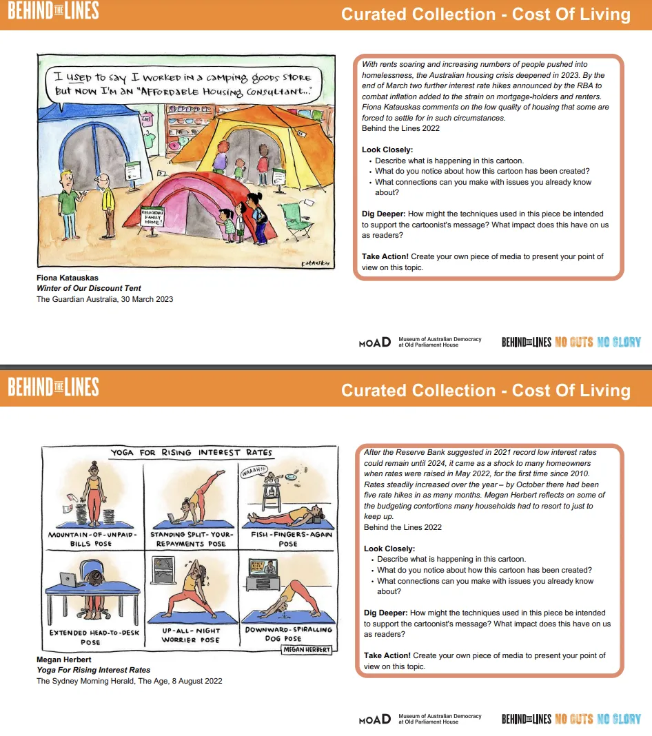 Two pages of cartoons depicting cost of living issues along with activity ideas for students.