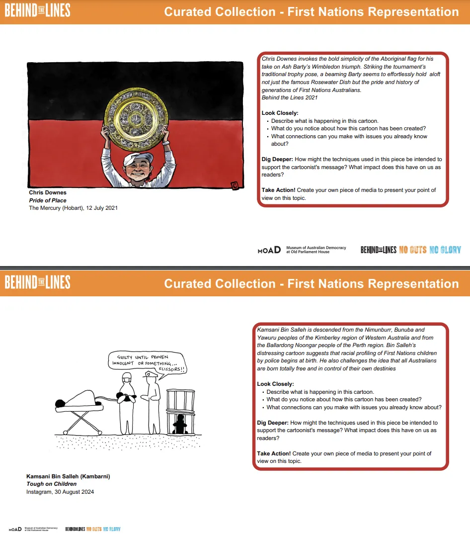 Two political cartoons depicting First Nations representation along with text outlining activities for students.