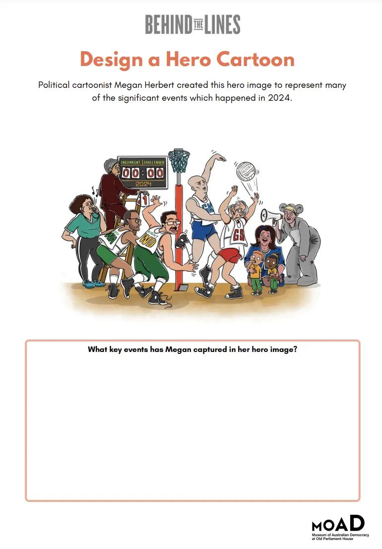 An activity sheet featuring a cartoon of politicians playing netball with a zero-all score.