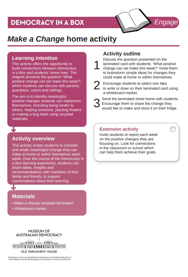 Preview of make a change at home activity sheet for students.