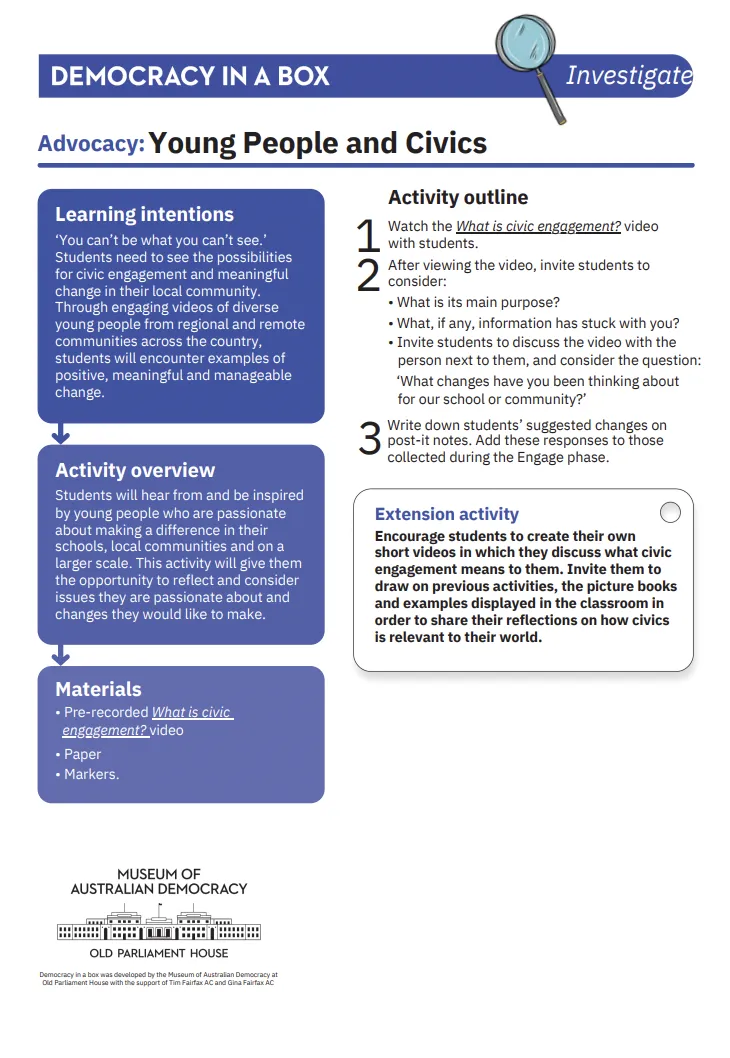 Preview of a young people and civics activity sheet for students.