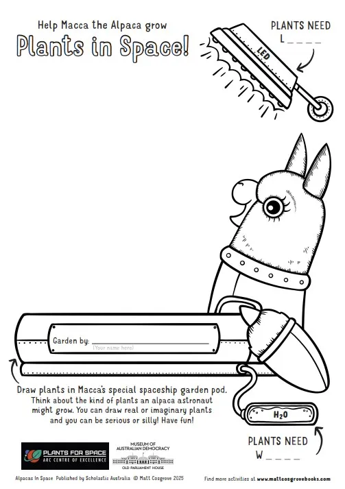 Preview of Macca the Alpaca's plants in space activity sheet for students.