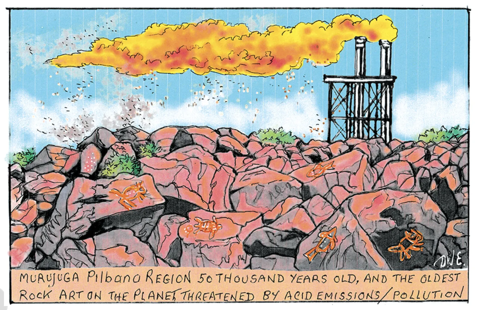 Text reads, 'Murujuga Pilbara region 50 thousand years old, and the oldest rock art on the planet threatened by acid emissions/pollution.' Over ochre art of animals on rocks, a large gas plant spills pollution into the air. 