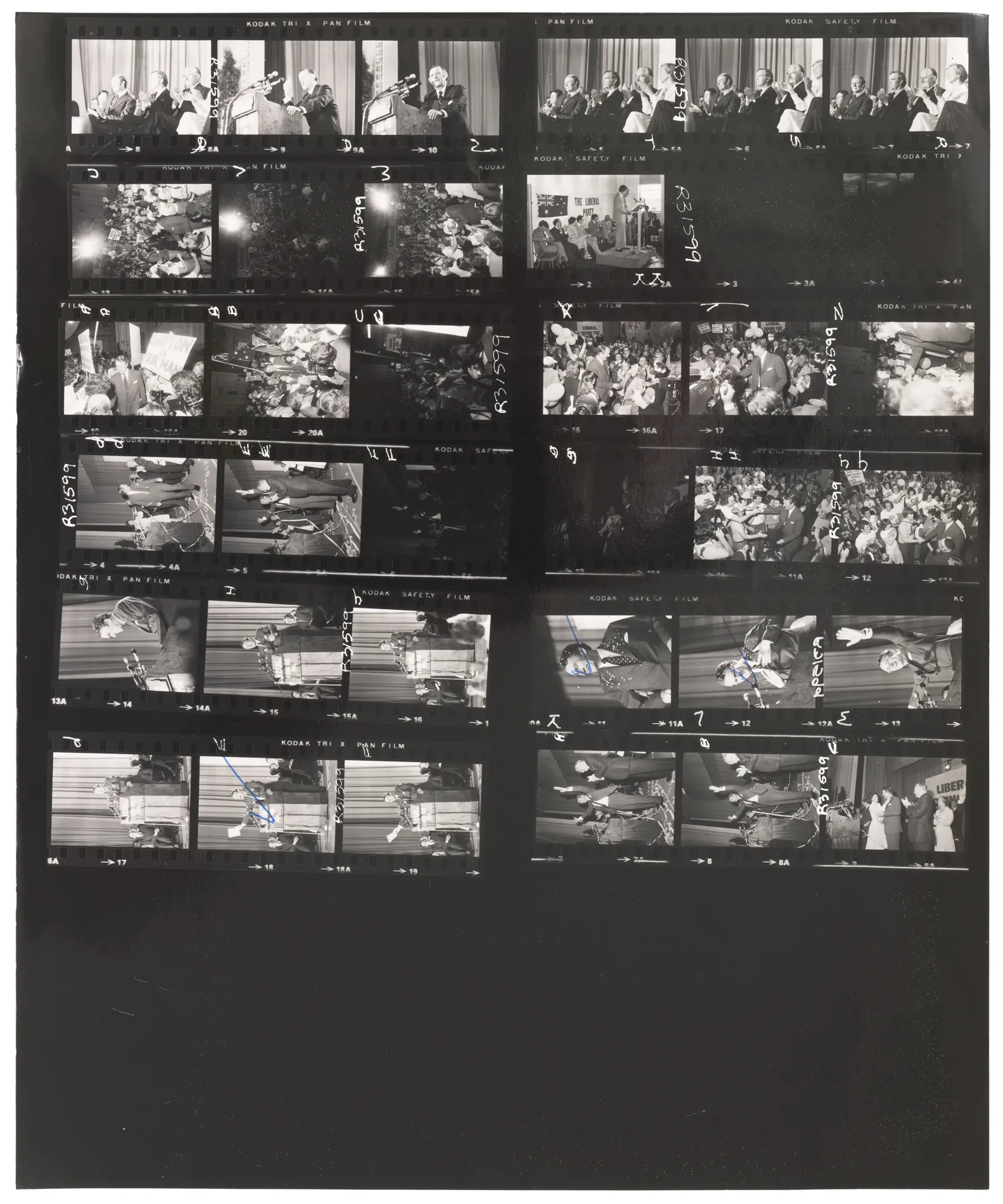 A contact sheet from a Liberal Party event. People featured in the photographs include Malcolm Fraser and Jim Killen.