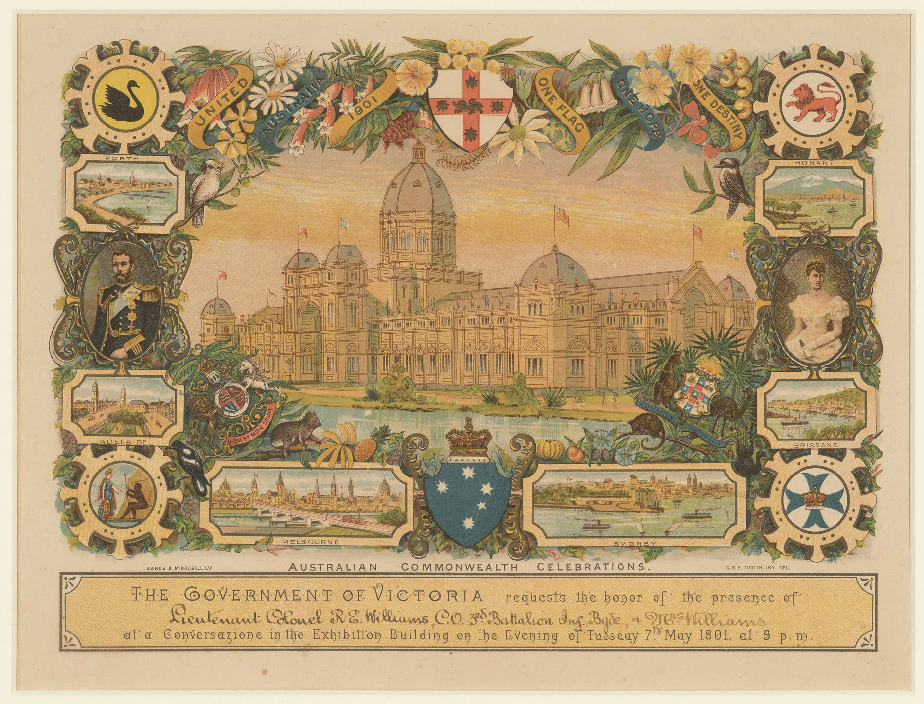 An invitation for an event for the opening of parliament in 1901 featuring an illustration of Melbourne's Exhibition Building and each Australian state's capital city.