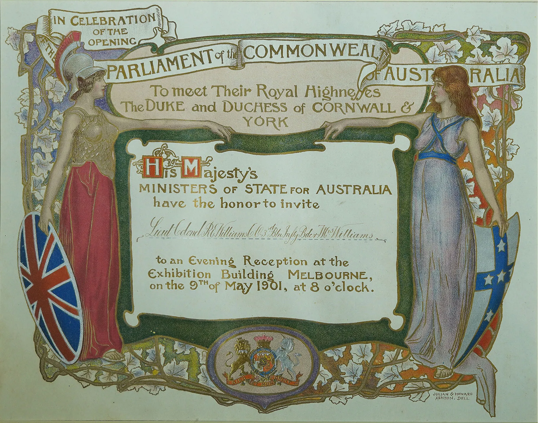 Invitation to an evening reception event for the opening of parliament in 1901 featuring an illustration of one woman depicted as Britannia and another women as either Australia or Victoria. Both figures hold shields.